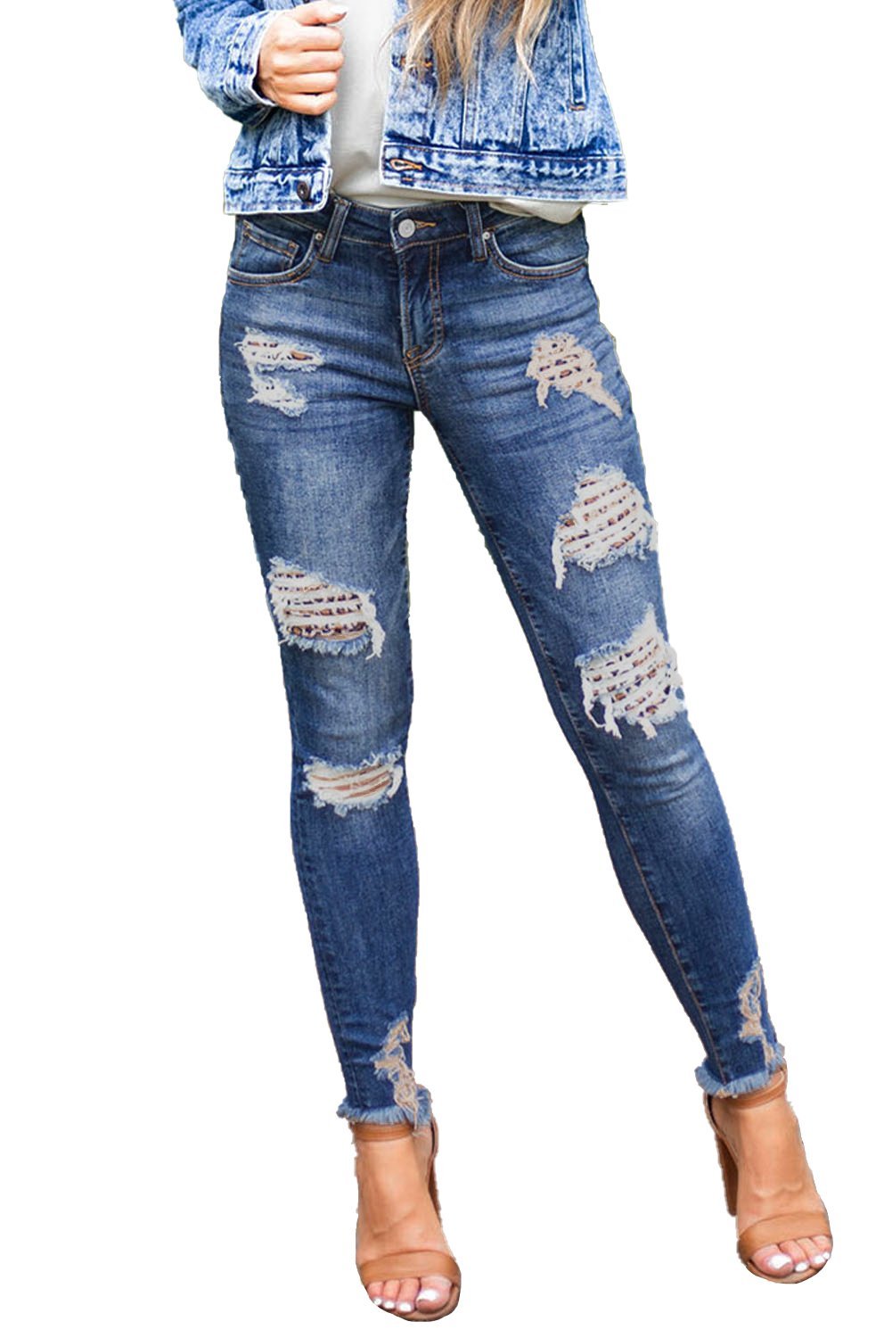 LateurGo Women's Dark Blue Leopard Print Distressed Washed Skinny Jeans - Edgy and Trendy