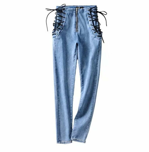 LateurGo Vintage Skinny Zipper High Waist Cross Lacing Up Jeans - Slim Fit