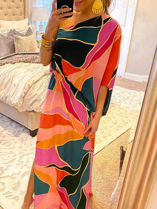 LateurGo Block Color Print Off Shoulder Beach Party Dress for Women