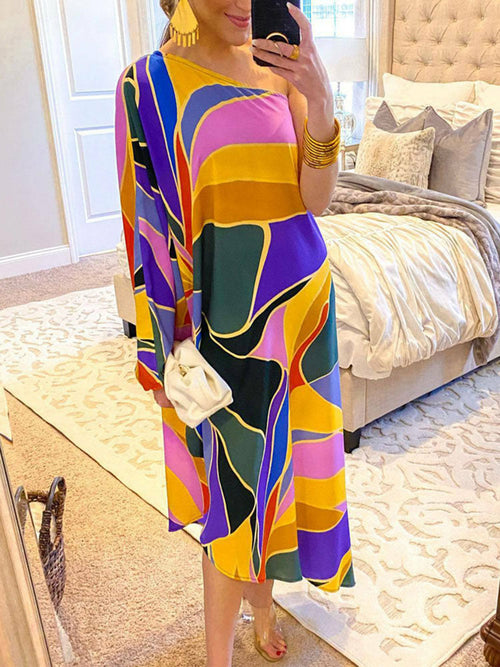 LateurGo Block Color Print Off Shoulder Beach Party Dress for Women