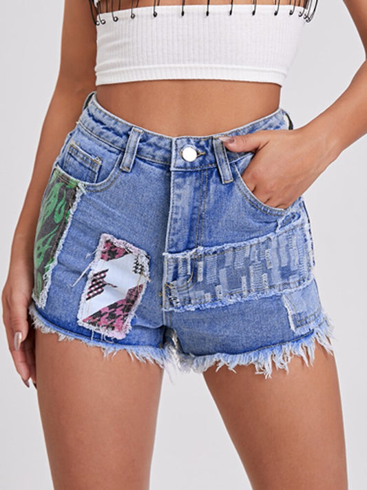 Print Contrast Denim Shorts | Fashionable Shorts