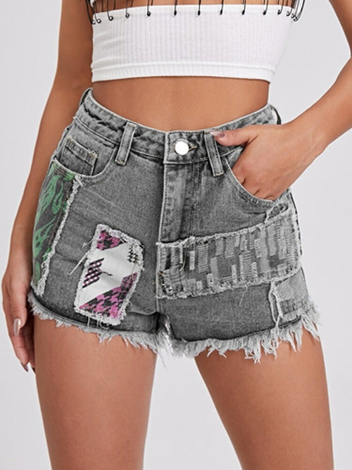 Print Contrast Denim Shorts | Fashionable Shorts