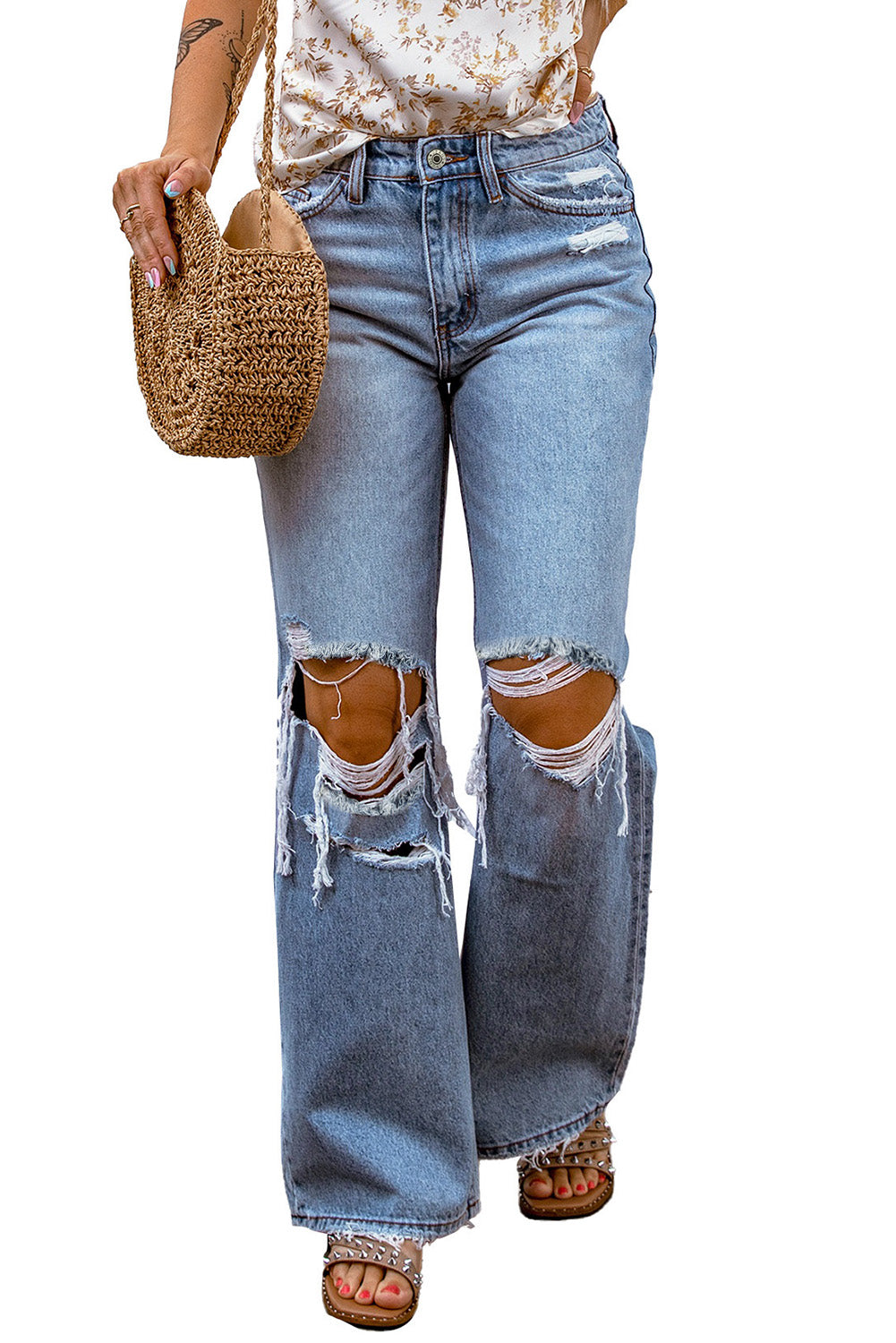 Destroyed Open Knee Sky Blue Wide Leg Jeans | LateurGo