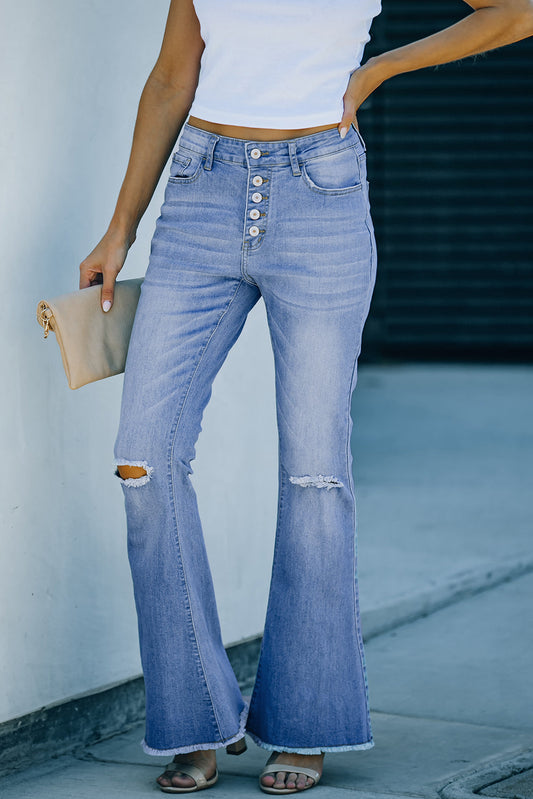 High Rise Distressed Sky Blue Bell Bottom Denims
