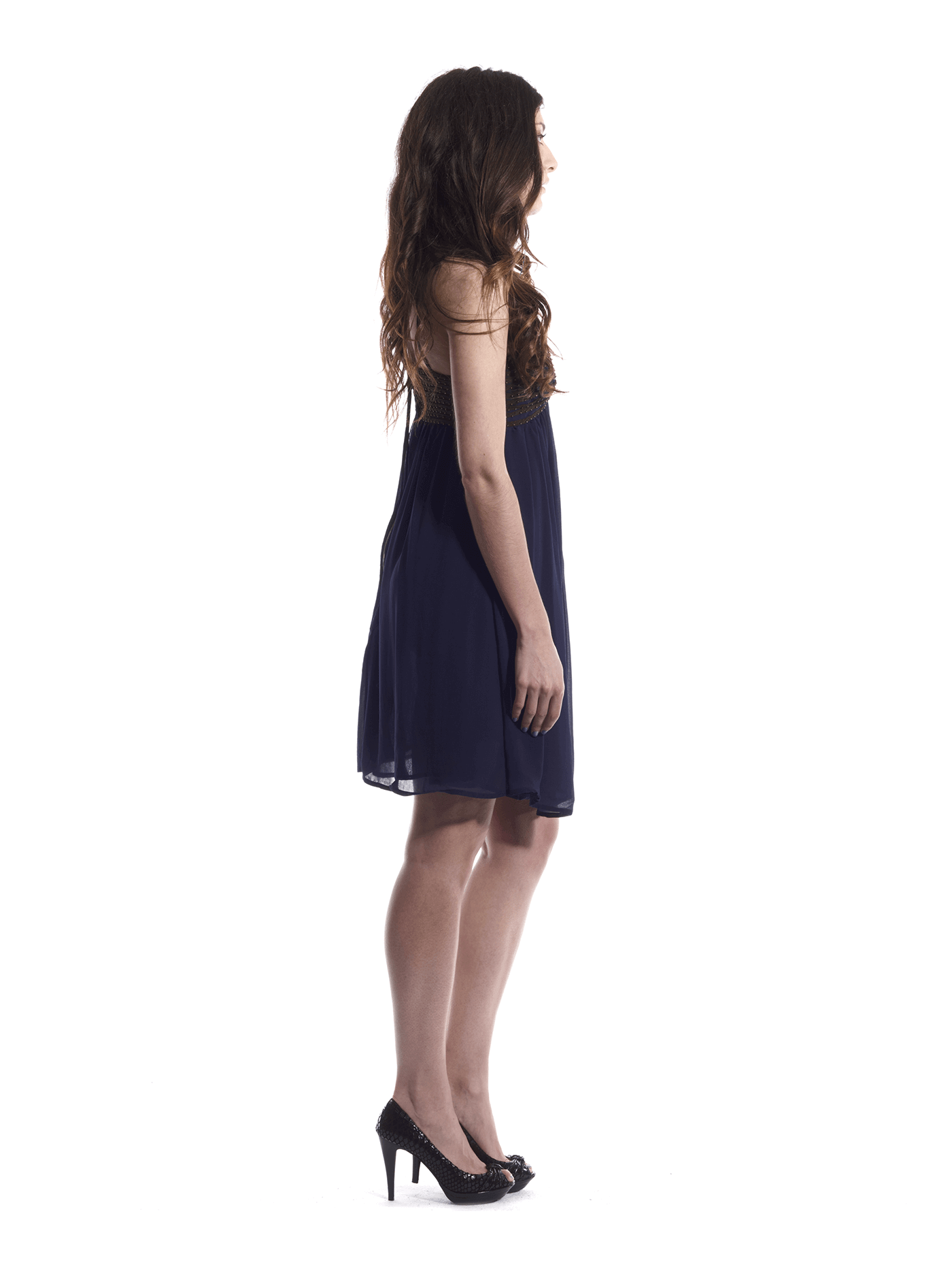 LateurGo Blue Flowy Dress with Gold Embellishments for Elegant Occasions