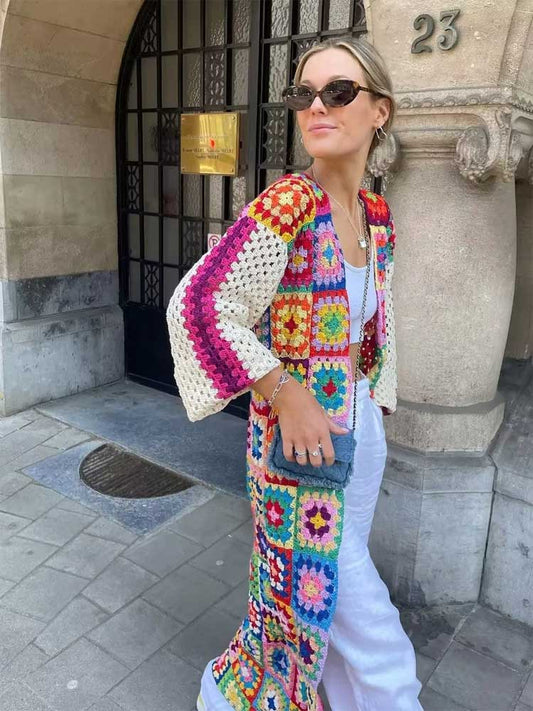 Hand-Knitted Open-Stitch Crochet Cardigan Jacket