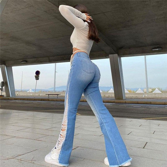 LateurGo Blue Cotton Sided Holes Denim Jeans for Women