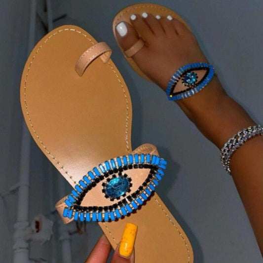 Female Rhinestone Eyes Slides Fashion Flat Slippers