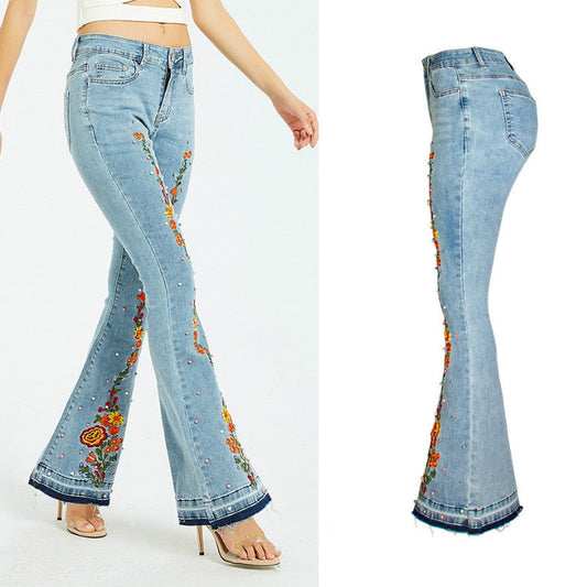 Embroidery Released Hem Flare Jeans Women