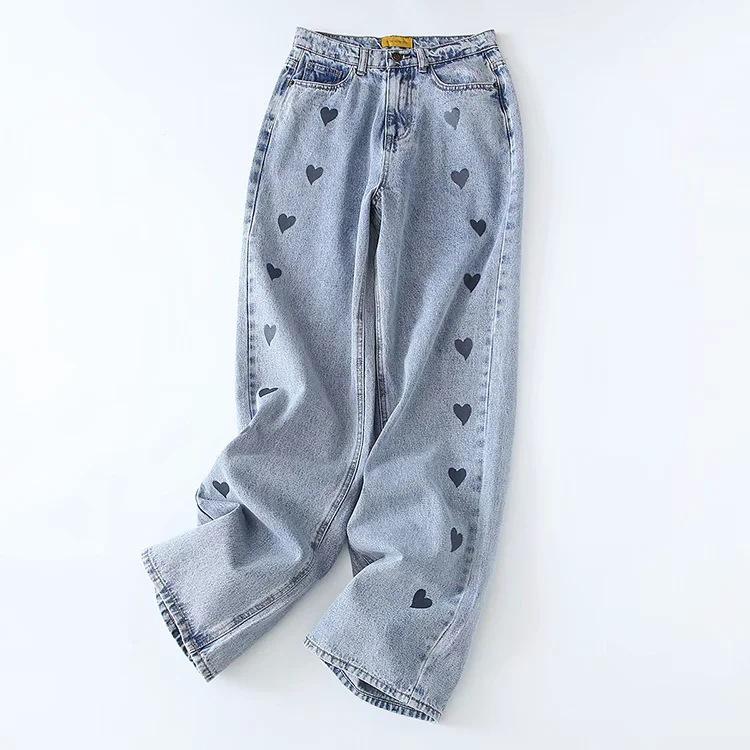 Love Heart Straight Loose Denim Jeans Pants