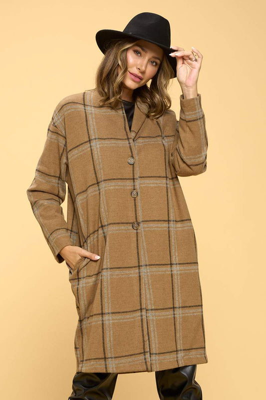 Coats & Vests | Plaid Coat with Button and Pocket