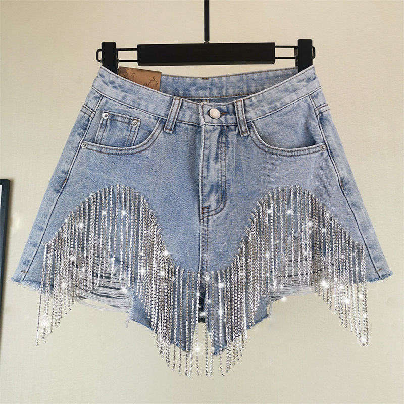 High Waist Ripped Jeans Shorts | Diamond Tassel Y2K
