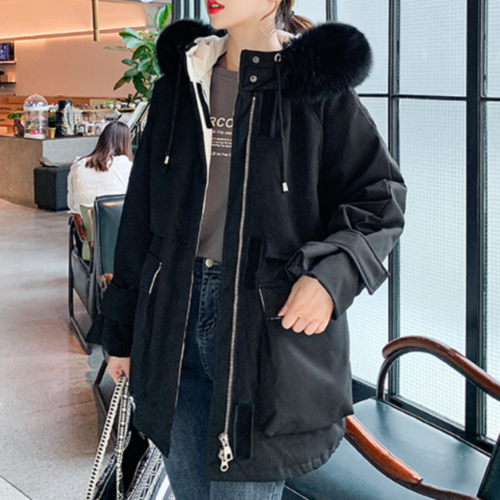 LateurGo Women's Mid Length Zipper Coat with Furry Hood