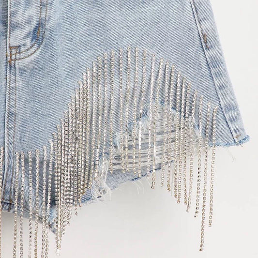 High Waist Ripped Jeans Shorts | Diamond Tassel Y2K