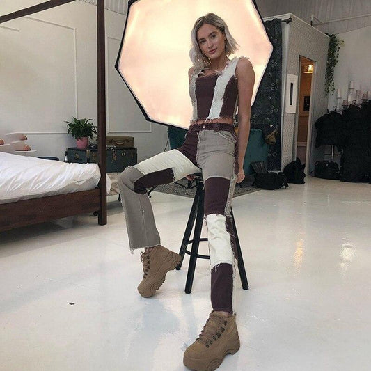 LateurGo Trendy Women's Patchwork Jeans High Waist Slim Fit Denim Pants