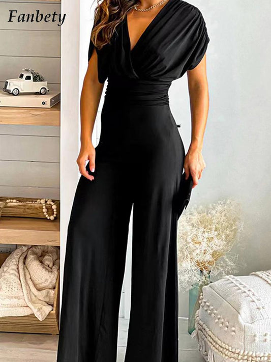 V-Neck Ruched Jumpsuit | Long Jumpsuits for Women
