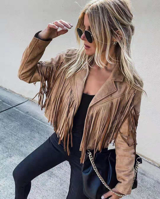 Fringed Hem Tassel Suede | Leather Biker Jacket
