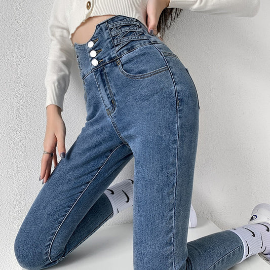 Vintage High Waist Design Skinny Pencil Jeans