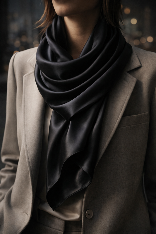 Luxury lifestyle styling of the LateurGo Signature™ silk scarf worn with tailored attire.