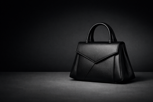 Luxury structured leather handbag in a minimalist high-end fashion editorial composition by LateurGo.