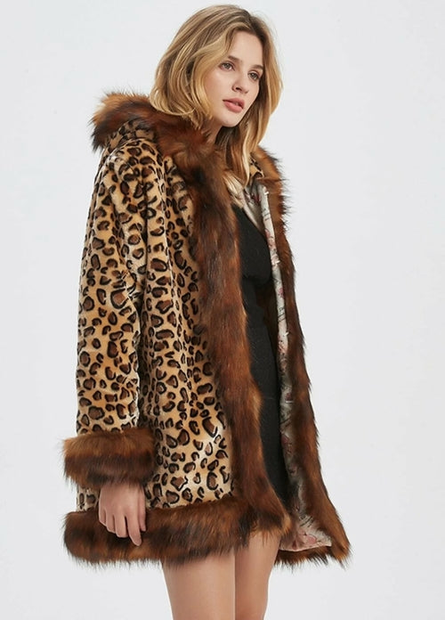 LateurGo Women's Leopard Print Hooded Faux Fur Collar Jacket