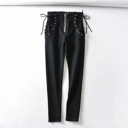 LateurGo Vintage Skinny Zipper High Waist Cross Lacing Up Jeans - Slim Fit