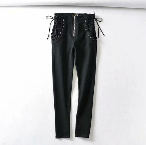 LateurGo Vintage Skinny Zipper High Waist Cross Lacing Up Jeans - Slim Fit