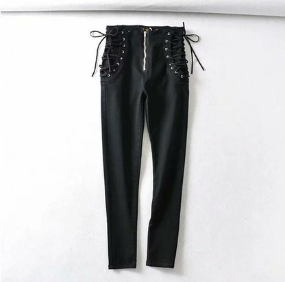 LateurGo Vintage Skinny Zipper High Waist Cross Lacing Up Jeans - Slim Fit