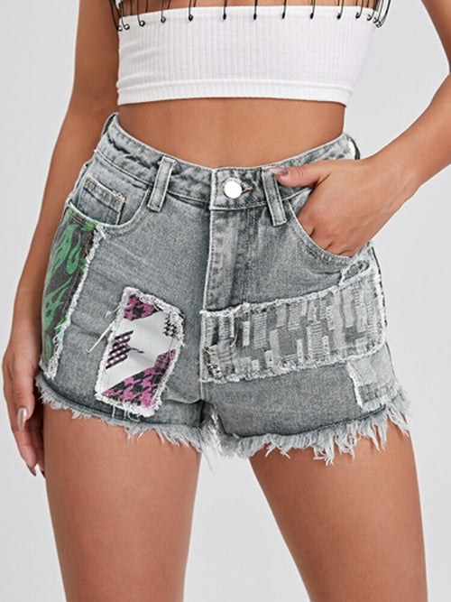 Print Contrast Denim Shorts | Fashionable Shorts