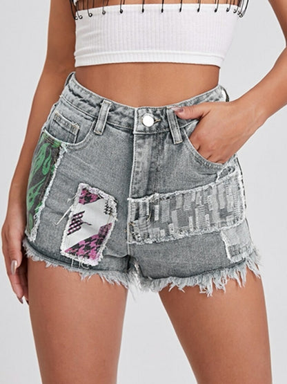 Print Contrast Denim Shorts | Fashionable Shorts