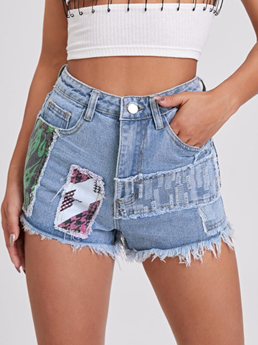 Print Contrast Denim Shorts | Fashionable Shorts