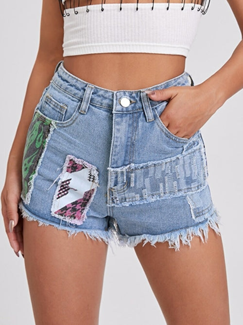 Print Contrast Denim Shorts | Fashionable Shorts