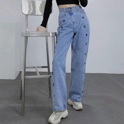 Love Heart Straight Loose Denim Jeans Pants
