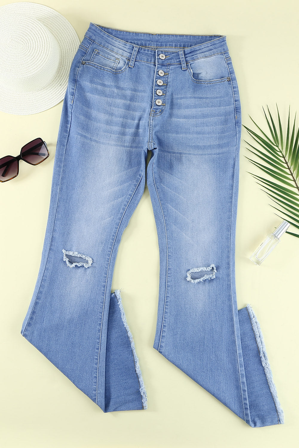 High Rise Distressed Sky Blue Bell Bottom Denims