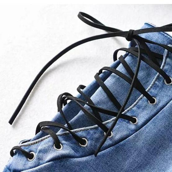 LateurGo Vintage Skinny Zipper High Waist Cross Lacing Up Jeans - Slim Fit