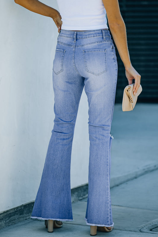 High Rise Distressed Sky Blue Bell Bottom Denims