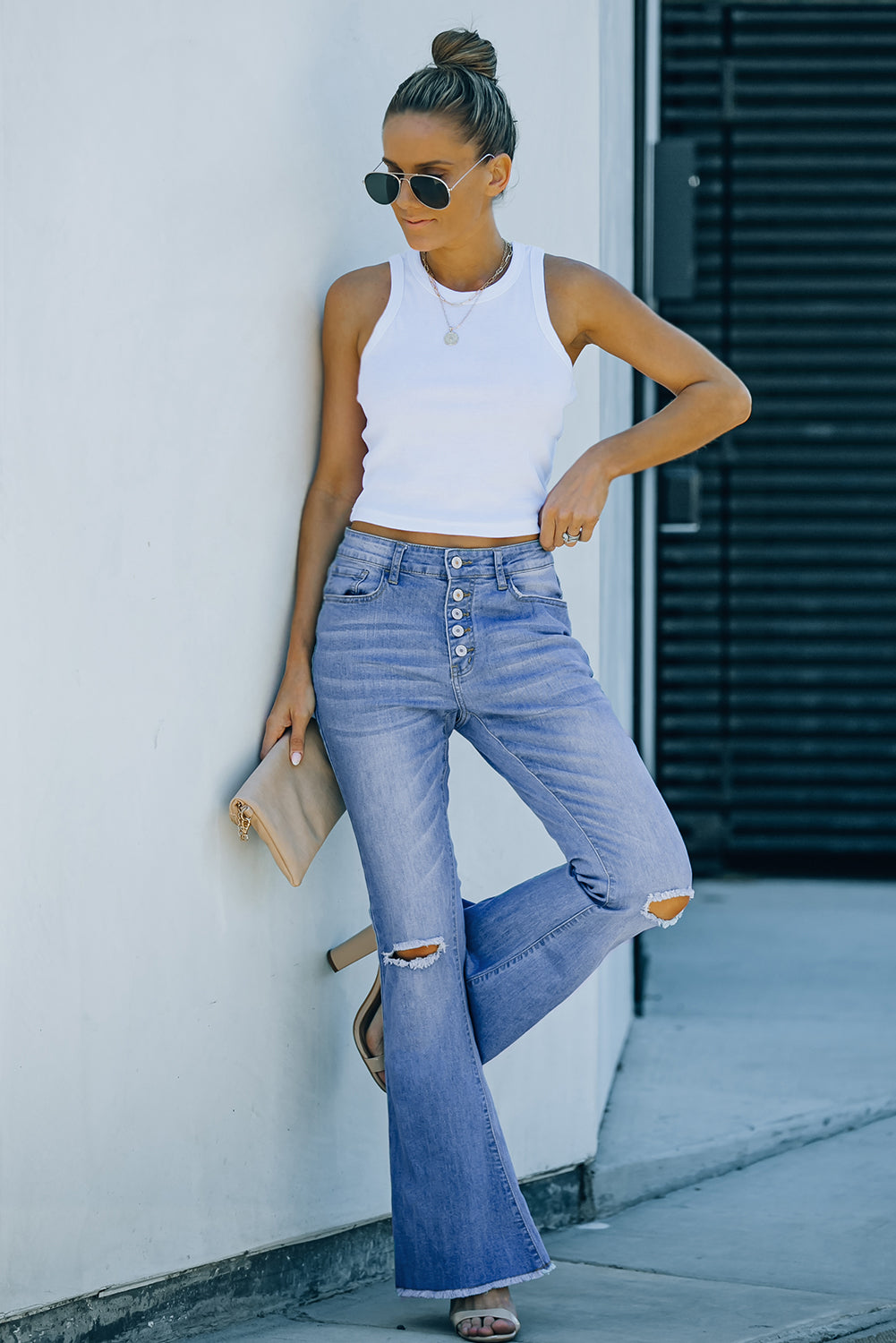 High Rise Distressed Sky Blue Bell Bottom Denims