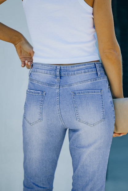 High Rise Distressed Sky Blue Bell Bottom Denims