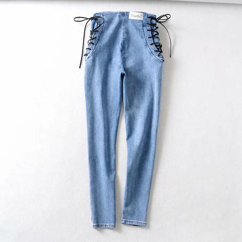 LateurGo Vintage Skinny Zipper High Waist Cross Lacing Up Jeans - Slim Fit