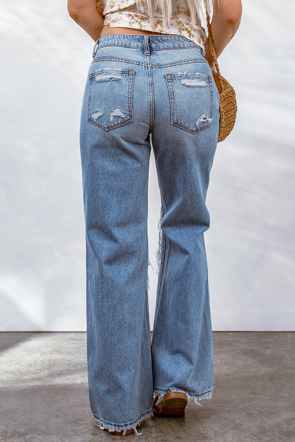 Destroyed Open Knee Sky Blue Wide Leg Jeans | LateurGo
