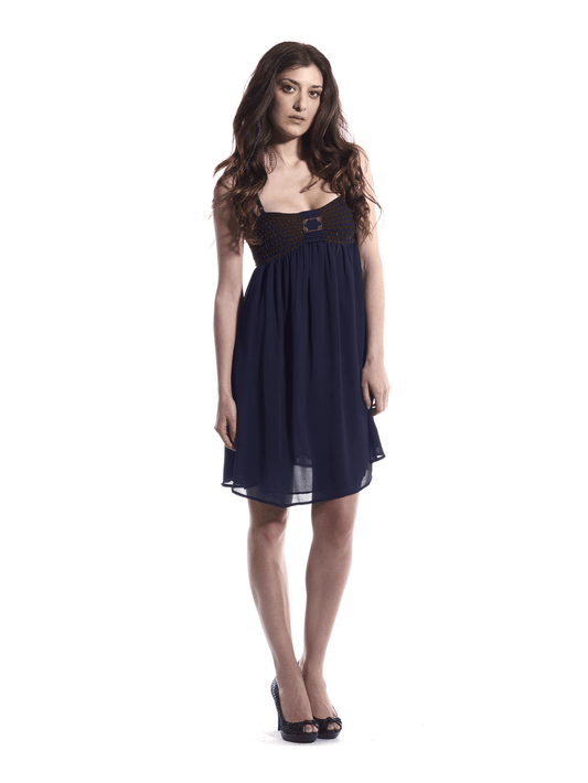 LateurGo Blue Flowy Dress with Gold Embellishments for Elegant Occasions