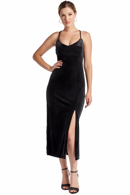 LateurGo Velvet Slip Dress with Scooped Back and Thigh High Slit