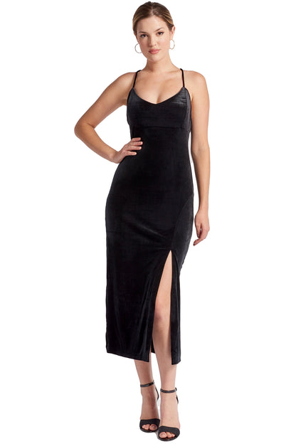 LateurGo Velvet Slip Dress with Scooped Back and Thigh High Slit