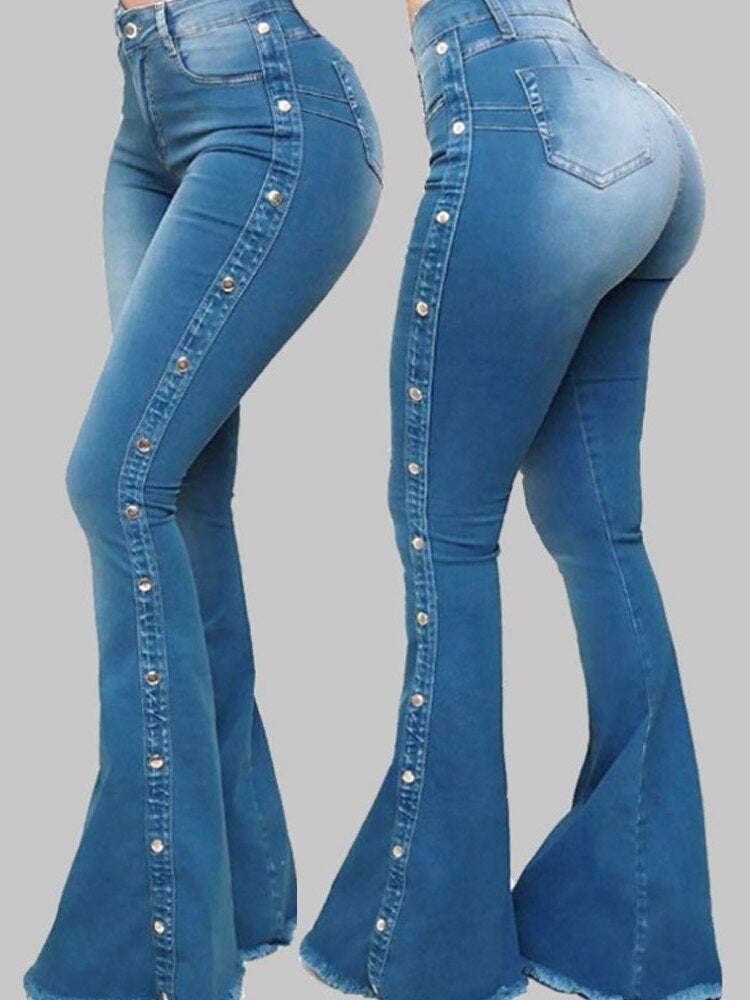 LateurGo High waist casual retro jeans for women featuring stylish side metal buttons.