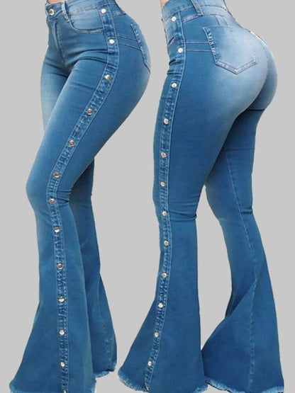 LateurGo High waist casual retro jeans for women featuring stylish side metal buttons.