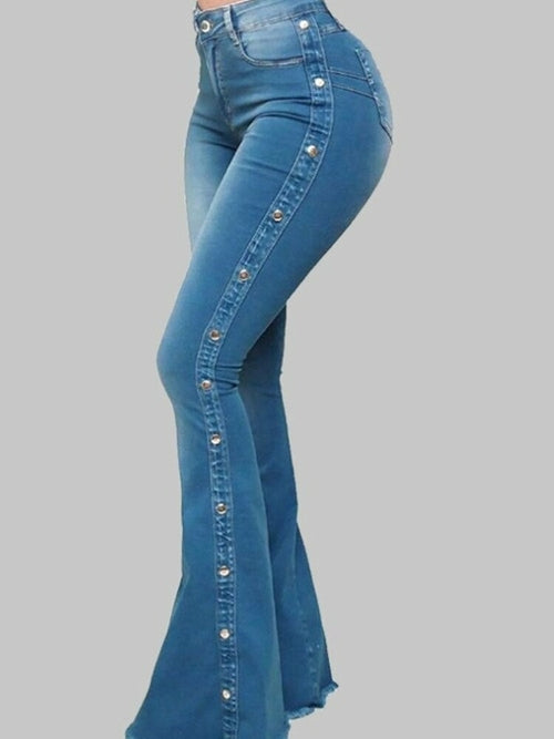 LateurGo High waist casual retro jeans for women featuring stylish side metal buttons.