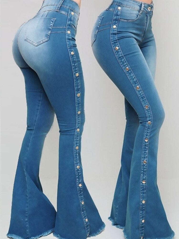 LateurGo High waist casual retro jeans for women featuring stylish side metal buttons.