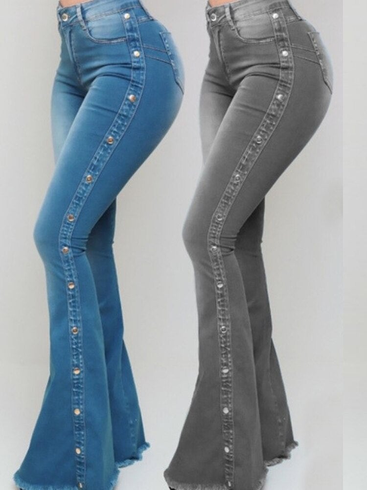 LateurGo High waist casual retro jeans for women featuring stylish side metal buttons.