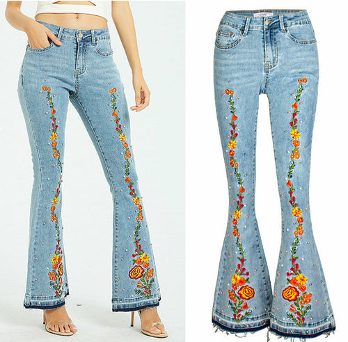 Embroidery Released Hem Flare Jeans Women