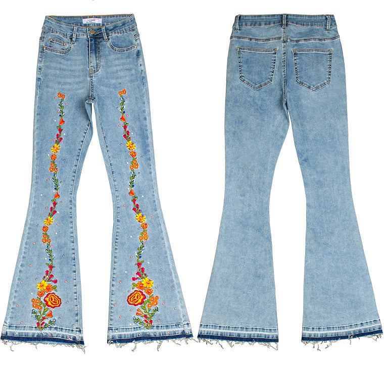 Embroidery Released Hem Flare Jeans Women